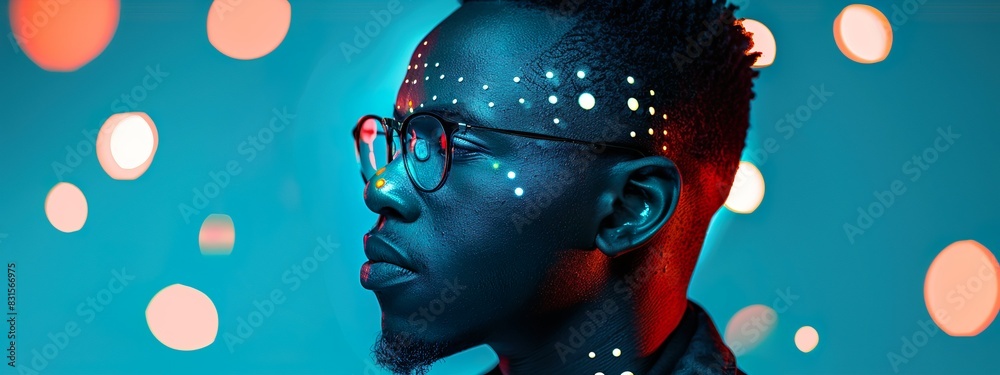 Futuristic Digital Art of Young Male with Neon Lights and Code Overlays Futuristic Digital Art of Young Male with Neon Lights and Code Overlays