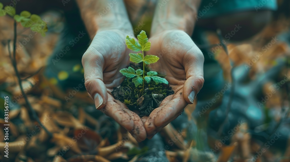 Fototapeta premium Hands Holding Tiny Green Plant With Soil In Autumn Forest Symbolizing Environmental Awareness Growth Sustainability Hope And Connection To Nature