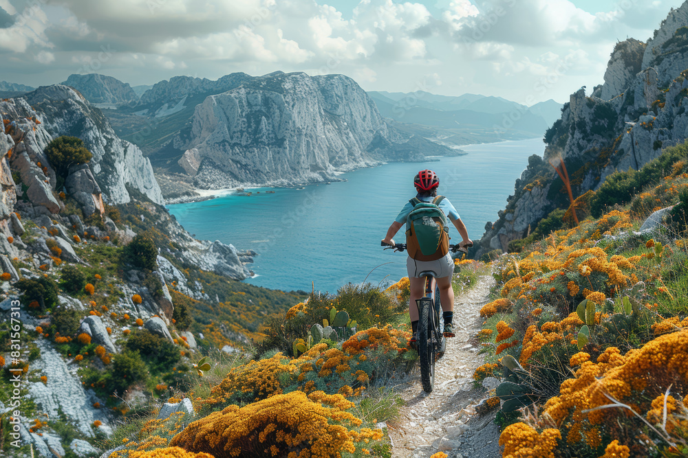 A person riding an electric-assist bicycle along a scenic coastal trail, enjoying eco-friendly exploration of natural landscapes. Concept of sustainable tourism and outdoor recreation. Generative Ai.