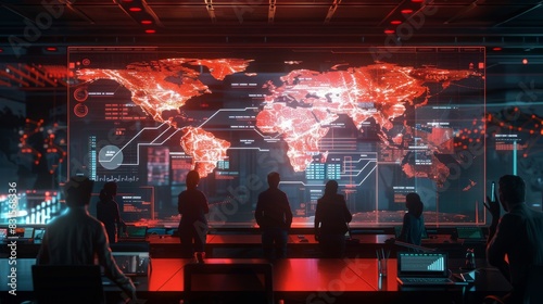 High-Tech Command Center with Holographic Map Showing Cyber Attacks