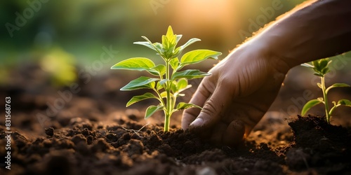 Nurturing Sustainability: Planting Seedlings in Rich Soil Under Sunlight. Concept Sustainability, Planting Seedlings, Rich Soil, Sunlight, Environmental Conservation