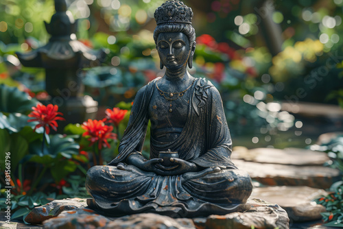 Meditating in a tranquil garden  letting go of worries and embracing inner peace. Concept of mindfulness and spiritual introspection. Generative Ai.