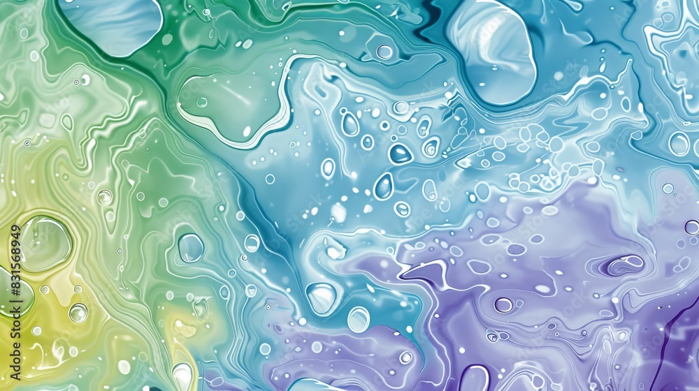 Seamless marble pattern with watercolor textured marbling art background in blue, green, purple and yellow. Water droplets design vector prepared for textile printing 