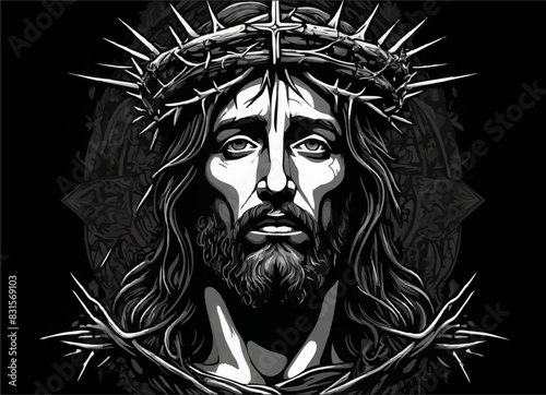 Vector t shirt design with Jesus Christ in 
crown of thorns on head with cross
on black background. Fashionable print 
for fabric, paper, clothing. T-shirt pattern.
Biblical drawing.
