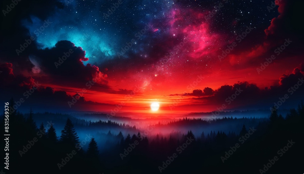 Stunning Sunset Over Misty Forest with Starry Sky