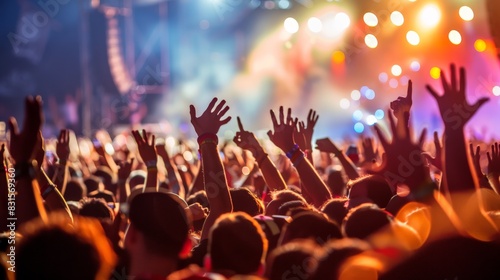 Energetic concert crowd with hands raised enjoying a live music performance under vibrant stage lights. Perfect for capturing the fun and excitement. photo