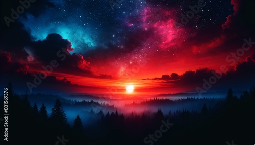 Stunning Sunset Over Misty Forest with Starry Sky