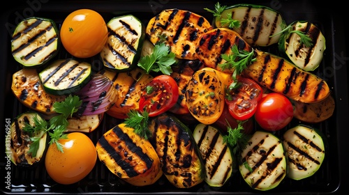 Illustrations of plant-based grills are increasingly popular, with a backdrop of various types of fruit vegetables and hot coals