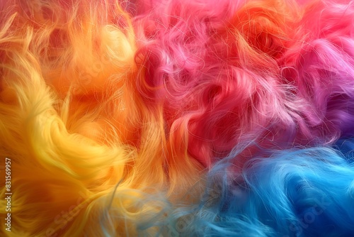 A dynamic explosion of wool fibers in a rainbow of colors