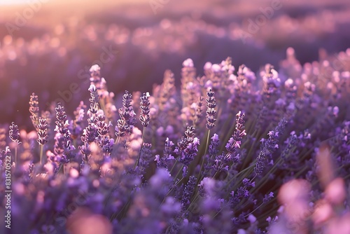 A field of lavender bathed in the warm glow of the setting sun.