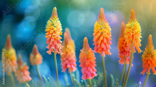 A vibrant garden scene featuring tall, bell-shaped red hot poker flowers in full bloom with yellow and orange petals