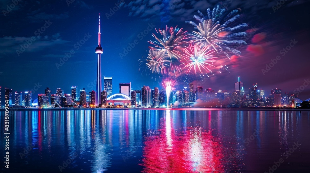 Canadian Pride: Vibrant Fireworks Display Illuminates Urban Skyline with Patriotic Colors and Reflections