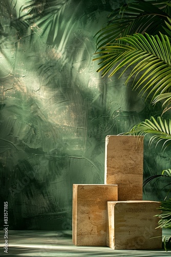 A wooden podium with green background , adorned by palm leaves. The podium  for product display photo