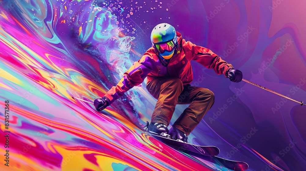 Abstract skiing. Descent giant slalom skier from splash of watercolors. Extreme slalom winter sport. Abstract skiing. Descent giant slalom skier from splash of watercolors. Extreme slalom winter sport.