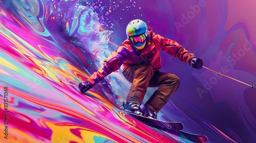 Abstract skiing. Descent giant slalom skier from splash of watercolors. Extreme slalom winter sport. © Irina