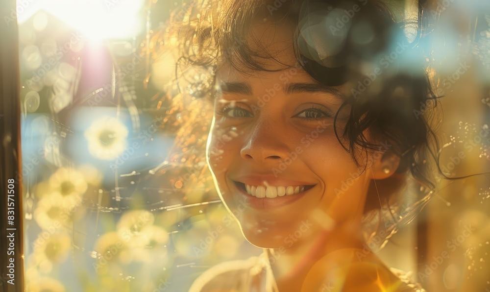 A beautiful smiling woman with a loving face has conversation, through the reflections of a window A beautiful smiling woman with a loving face has conversation, through the reflections of a window