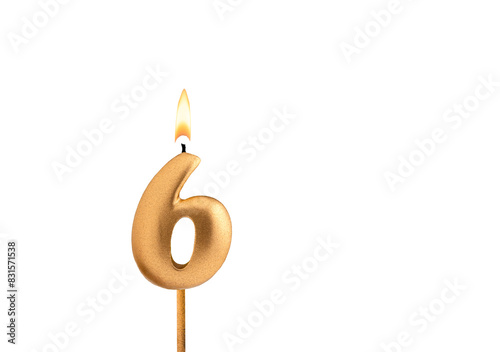 Golden candle number 6 - Birthday on white background