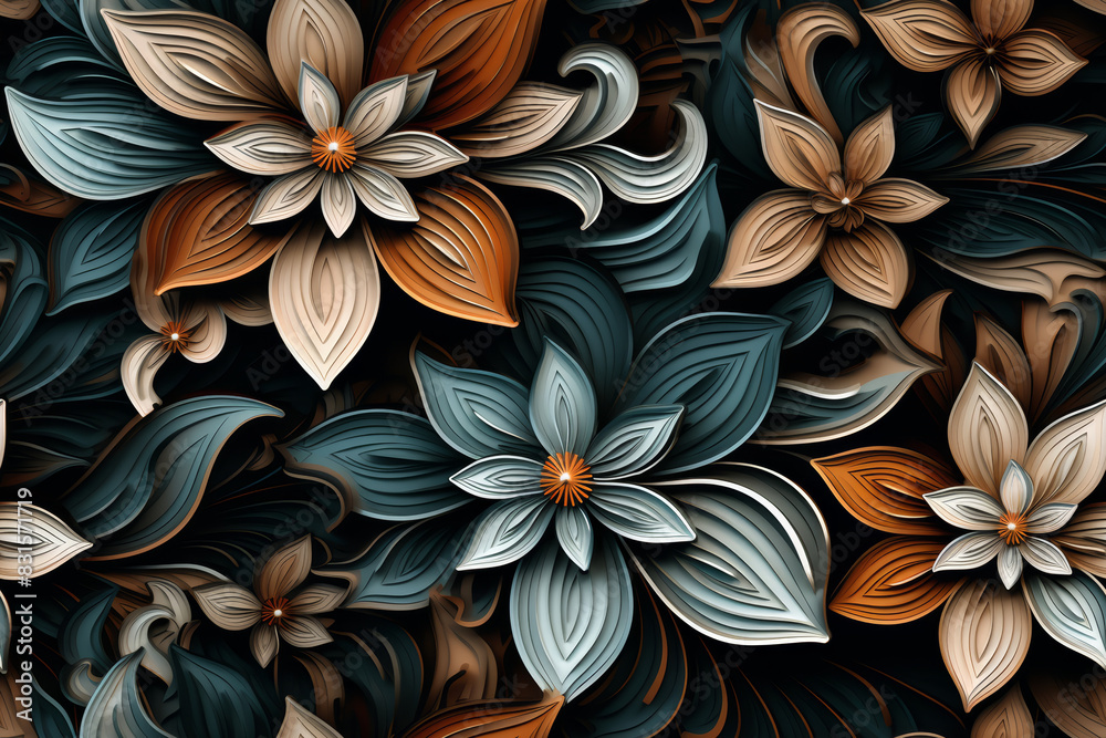 3D floral seamless pattern with harmonious colors, ready for full-print pattern design