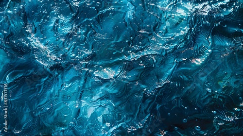 Transparent blue clear water surface texture with ripples, splashes and bubbles.