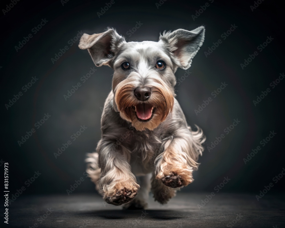 Cesky Terrier dog running on a dark smoky background, looking at the camera.