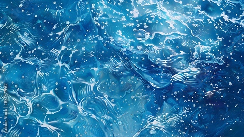 Transparent blue clear water surface texture with ripples, splashes and bubbles.