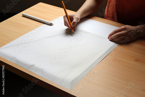 A person is drawing at a light wooden desk. His hands hold a pencil as he works on a drawing on a sheet of white paper. Generated by AI