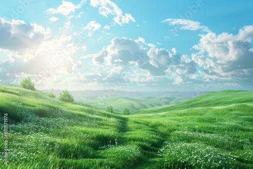 Green field  sunny sky background suitable for summerthemed designs  agriculture concepts  environmental campaigns  and outdoor adventure promotions. 