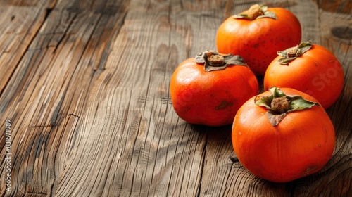 Fresh ripened persimmon fruit on aged wooden surface with space for text