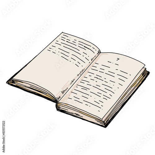 Vintage open book isolated on white. White pages. Reading. Cozy vintage illustration. Hand drawn vector summer set