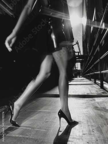 A monochrome image captures a lady striding confidently in stilettos across a building site filled with scaffolding