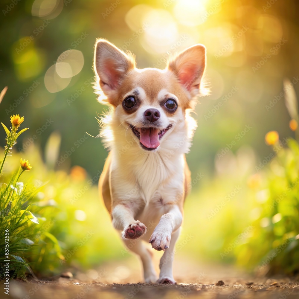 Chihuahua dog running on grass on blurred summer natural background and looking at the camera.
