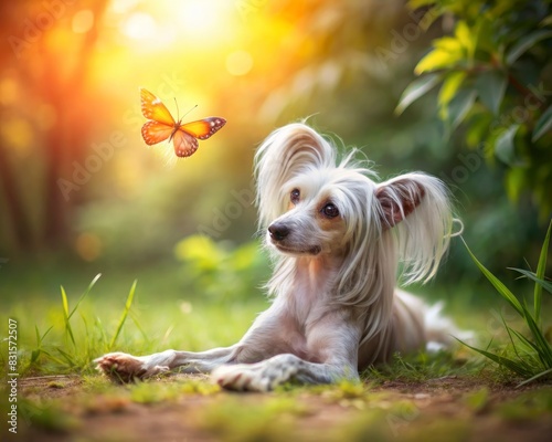 Chinese Crested breed dog watching a butterfly on a blurred natural background.