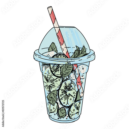 Mohito drink lemonade in plastic glass with straw isolated on white. Cozy vintage illustration. Hand drawn vector summer set
