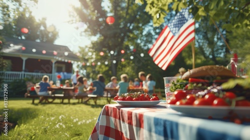 Happy Independence Day Celebration: Family BBQ in Cheerful Backyard Setting with Festive Decorations and American Flag