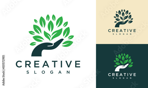 Nature plant hand logo design template. Nature and hand plant logo design inspiration