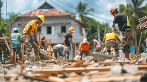 Community Rebuilding: Volunteers Working Together to Reconstruct Homes in Post-Disaster Area with Hopeful Atmosphere photo