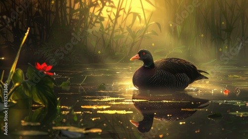 Morning light illuminates Common Moorhen at a pond photo