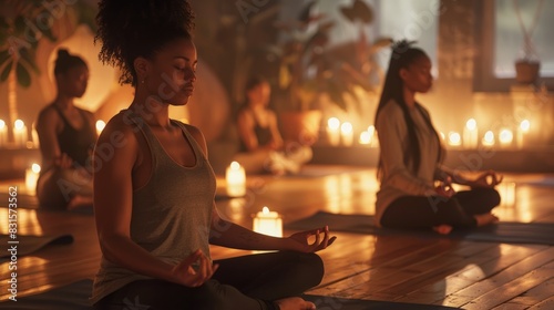 Serene Group Meditation in Tranquil Yoga Room with Soft Candlelight and High Detail DSLR Shot