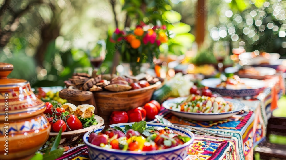Fototapeta premium Culinary Diversity on Display: Vibrant Outdoor Table Setting with Global Cuisine, Fresh Ingredients, and Cultural Decorations