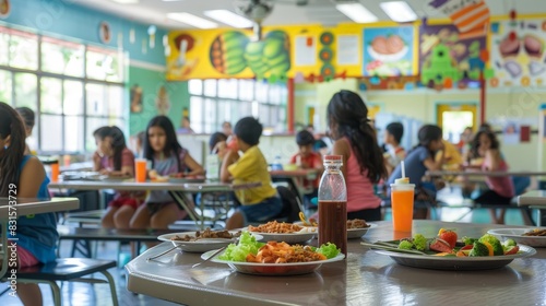 Happy Children Enjoying Healthy Meals in Vibrant School Cafeteria with Nutrition Program and Educational Posters