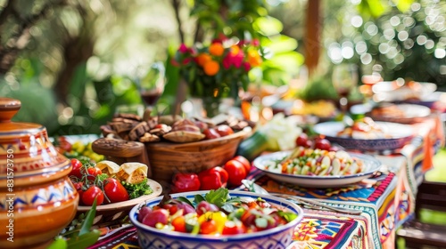 Culinary Diversity on Display: Vibrant Outdoor Table Setting with Global Cuisine, Fresh Ingredients, and Cultural Decorations © nialyz