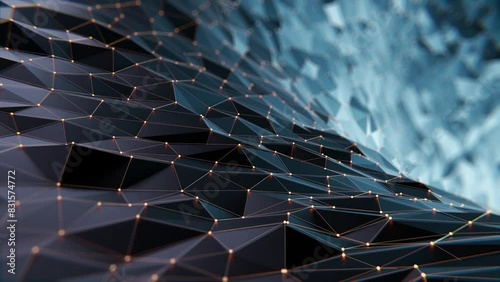 Data stream moves to the data center. Abstract geometric grid pattern background with a slow wave-like movement towards the light source