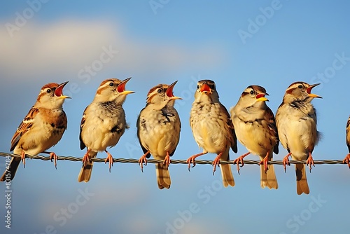 A group of birds perched on a telephone wire, chirping and singing in a complex language. photo