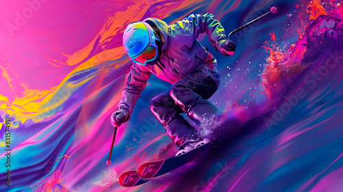 Abstract skiing. Descent giant slalom skier from splash of watercolors. Extreme slalom winter sport.