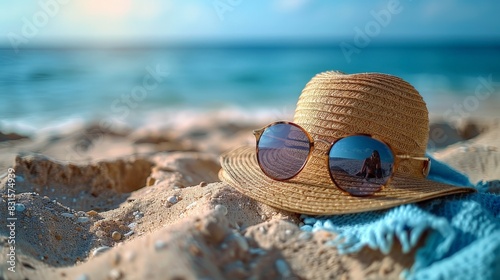 A relaxing straw hat with stylish sunglasses placed on a sandy beach with the sea in the background