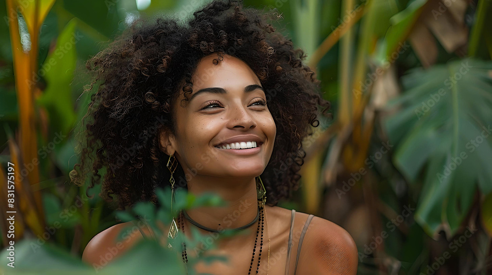 A cheerful woman smiling and surrounded by lush tropical plants in a natural outdoor setting. A cheerful woman smiling and surrounded by lush tropical plants in a natural outdoor setting.