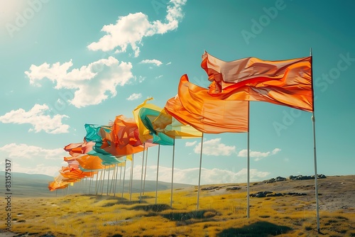 A group of colorful flags flapping in the wind, sending signals across a vast landscape. photo