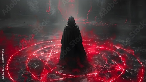 A Sinister Cloaked Figure Mysteriously Brandishing The Magician Card within a Pentagram photo