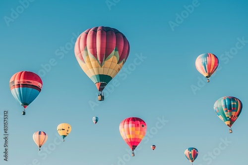 A group of colorful hot air balloons rising into a clear blue sky  each emblazoned with a unique symbol.