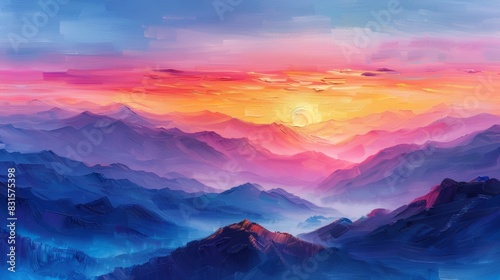 landscape painting, a stunning hand-drawn oil painting capturing the beauty of a majestic mountain range under a colorful summer sunset